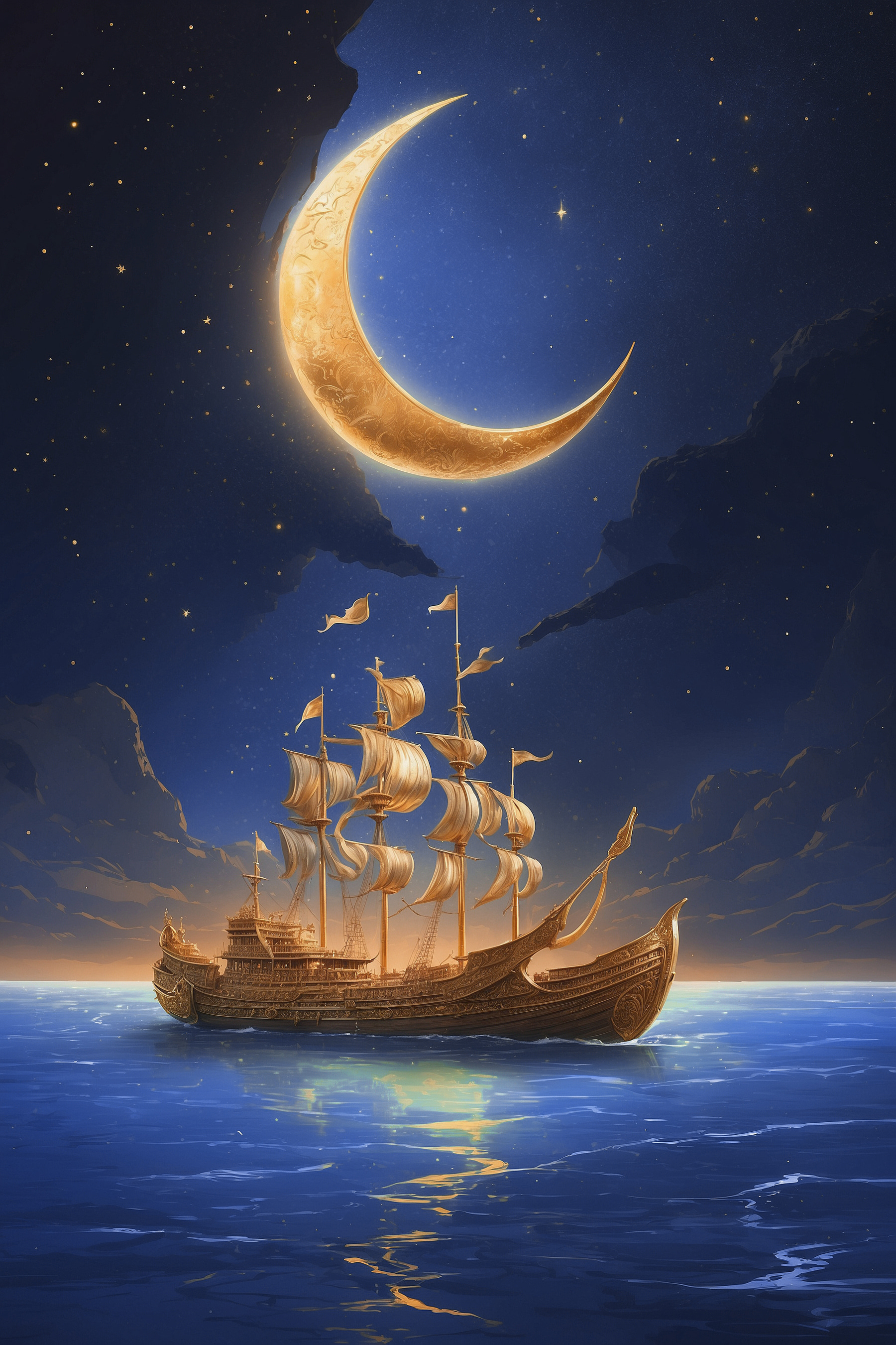 A ship in the water with a moon in the background A ship in the water with a moon in the background