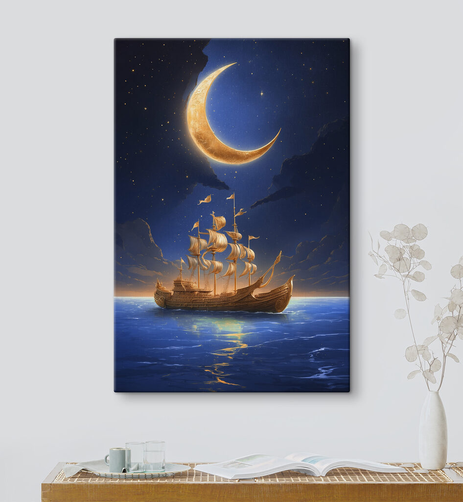 A ship in the water with a moon in the background A ship in the water with a moon in the background