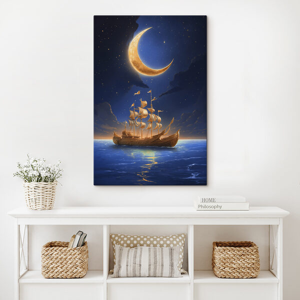 A ship in the water with a moon in the background A ship in the water with a moon in the background