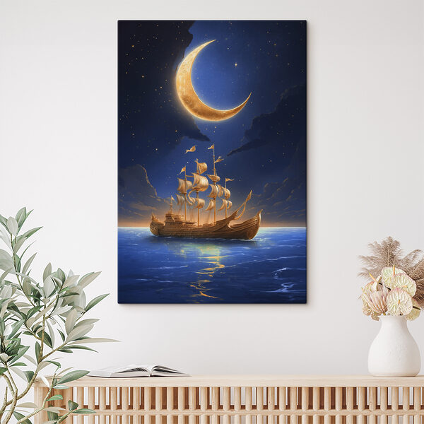 A ship in the water with a moon in the background A ship in the water with a moon in the background