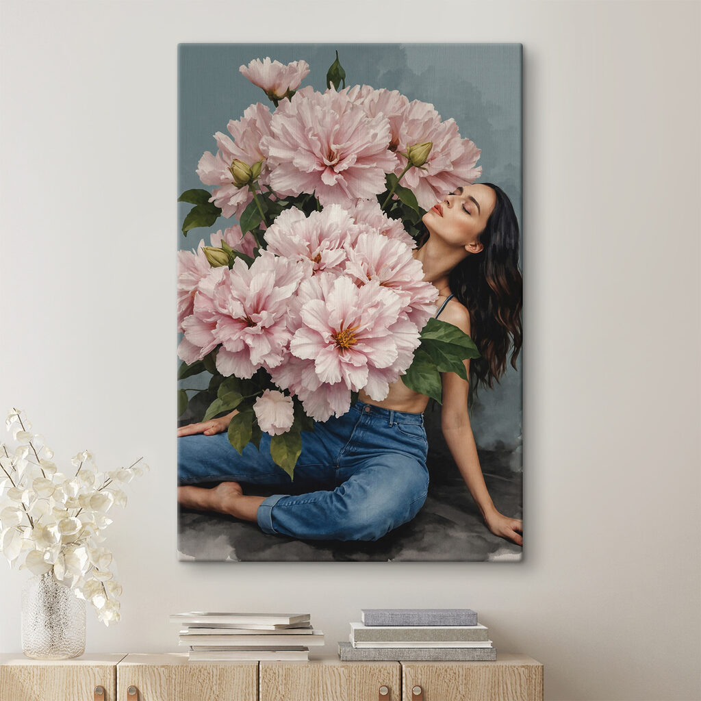 A woman sitting on a floor with a large bouquet of flowers