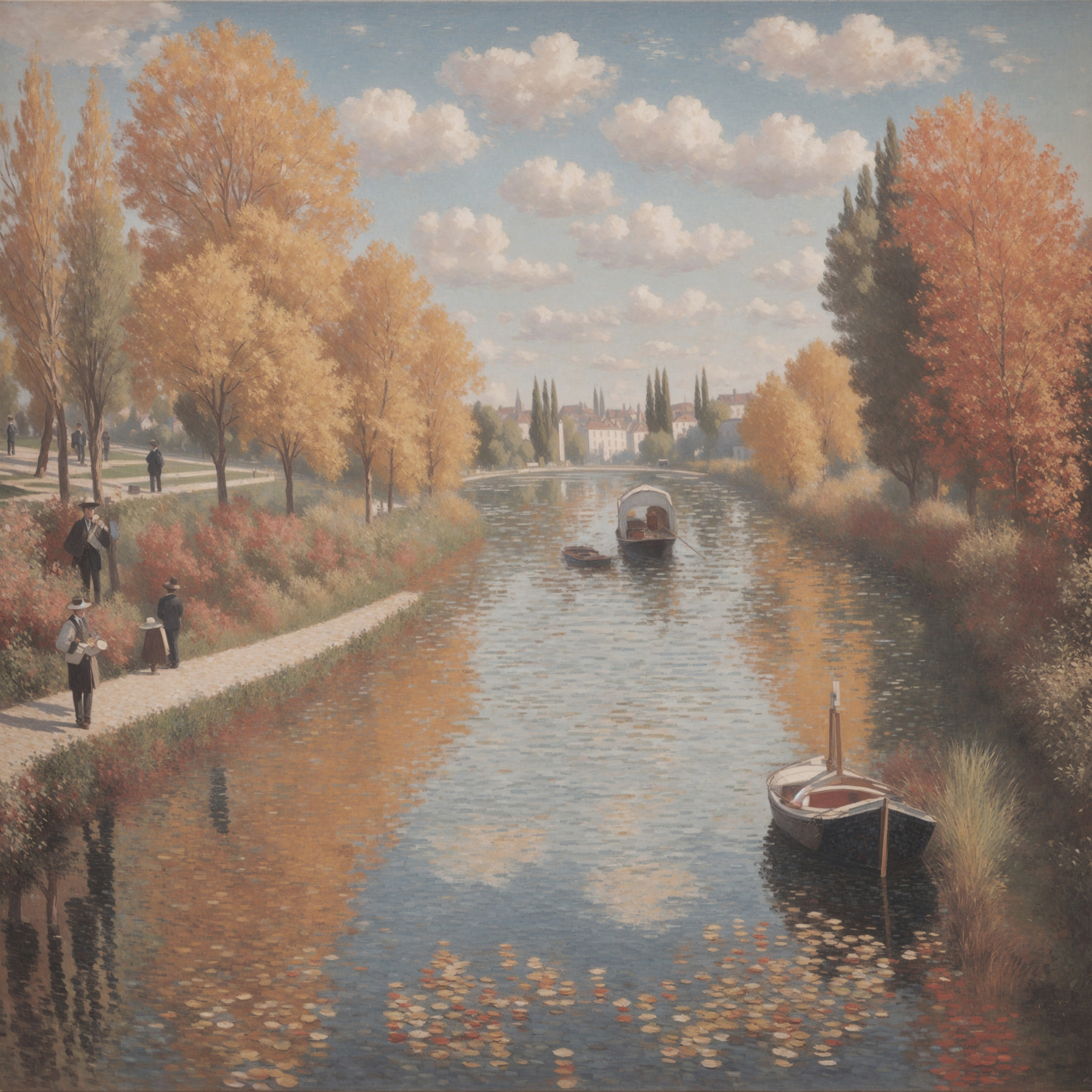 A painting of a river with boats and people on it