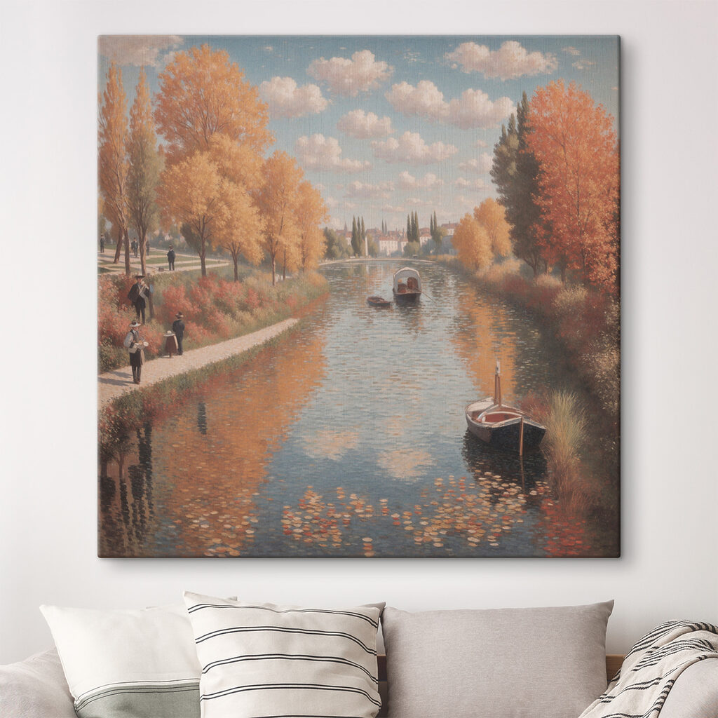 A painting of a river with boats and people on it
