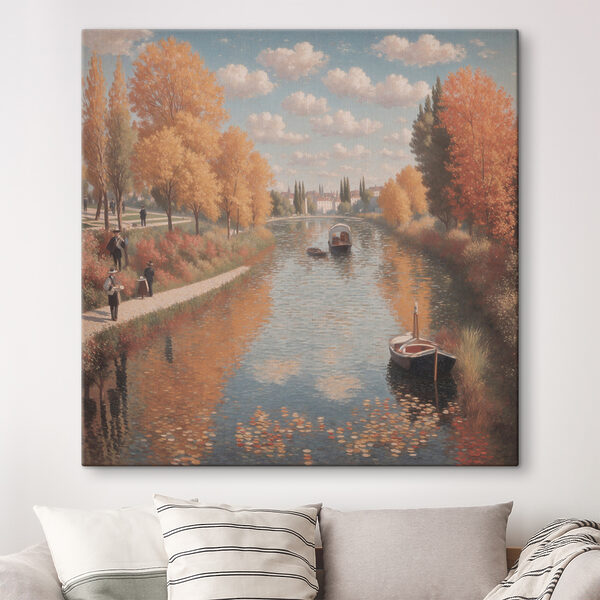 A painting of a river with boats and people on it