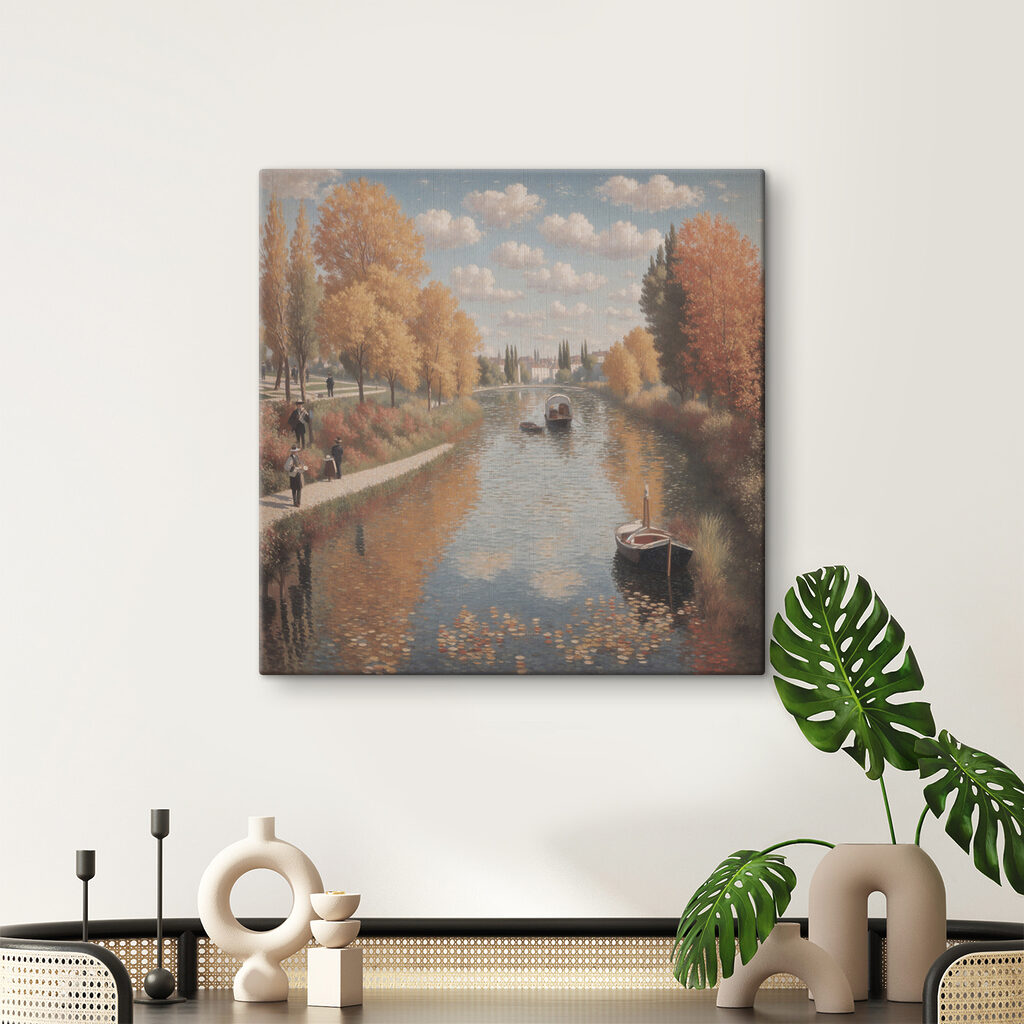 A painting of a river with boats and people on it