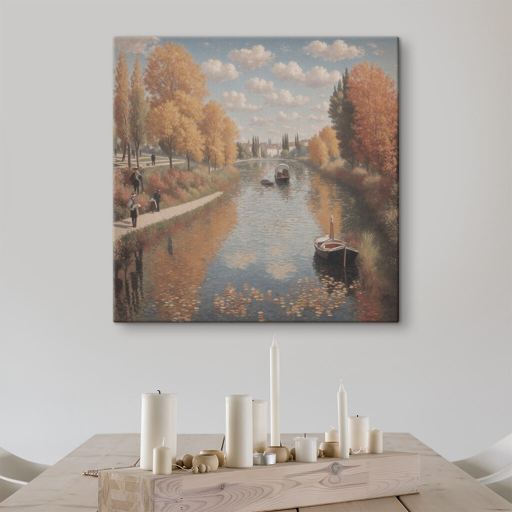 A painting of a river with boats and people on it