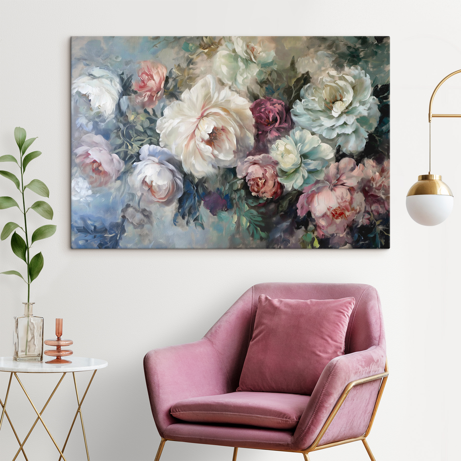 A painting of flowers on a blue background