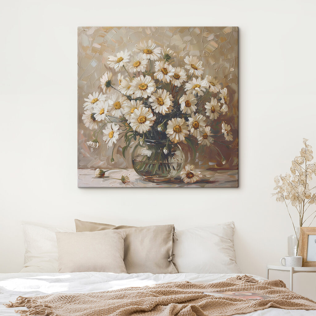 A painting of a vase of flowers