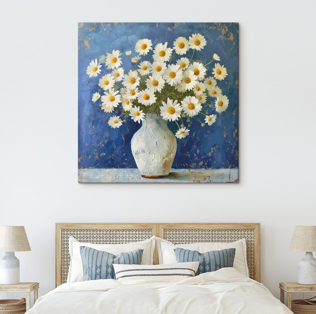 A painting of a vase of flowers