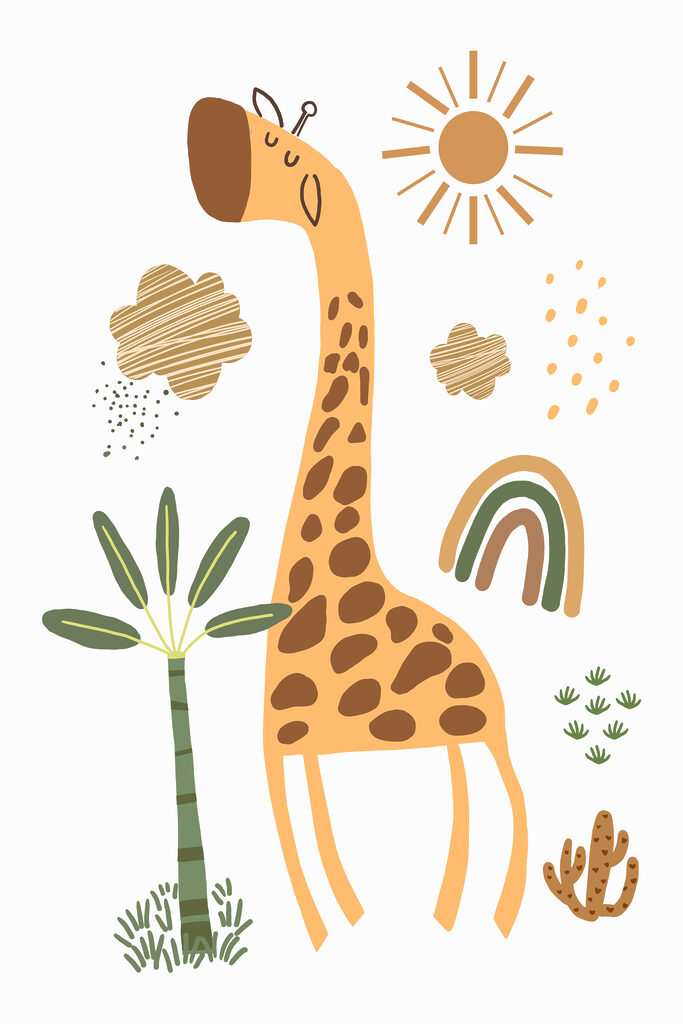 A giraffe with a tree and rainbow