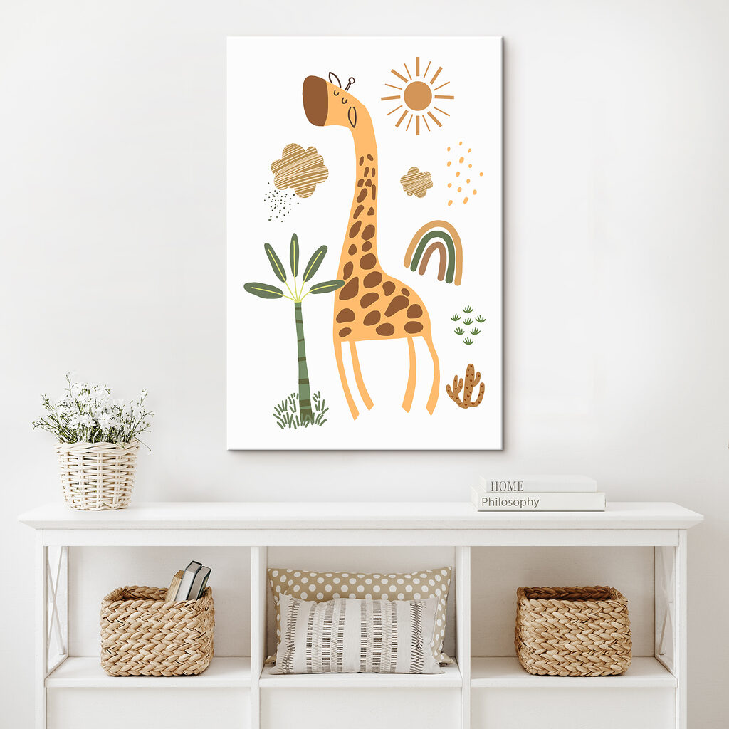 A giraffe with a tree and rainbow