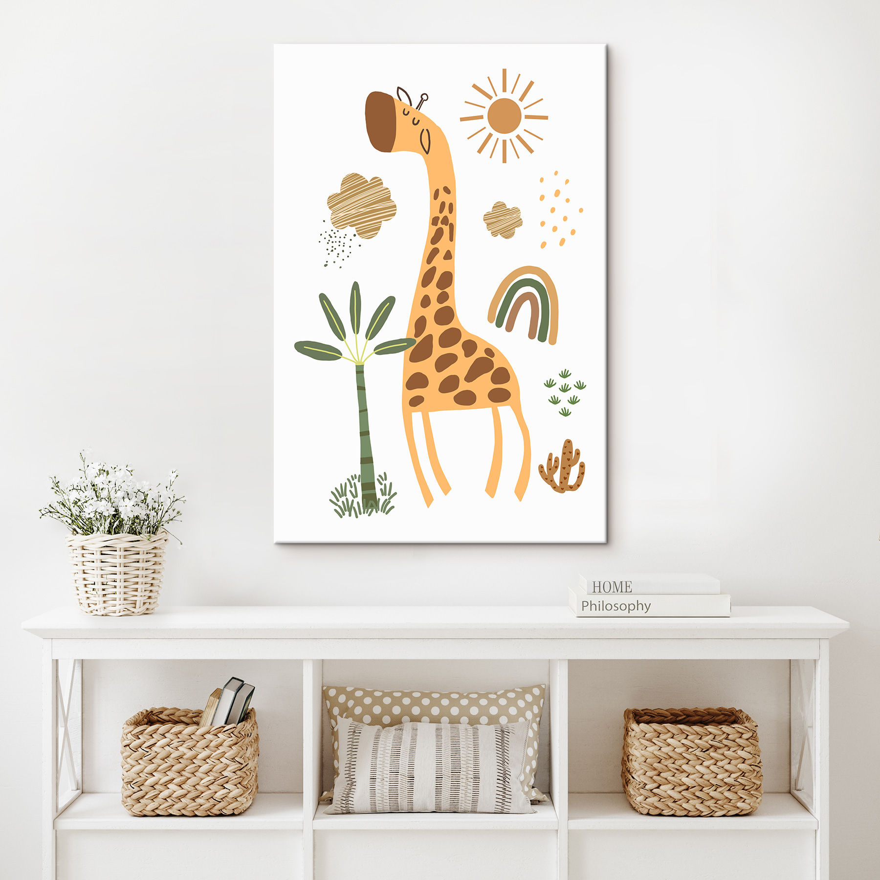 A giraffe with a tree and rainbow