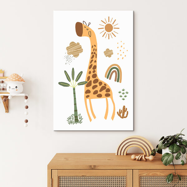 A giraffe with a tree and rainbow