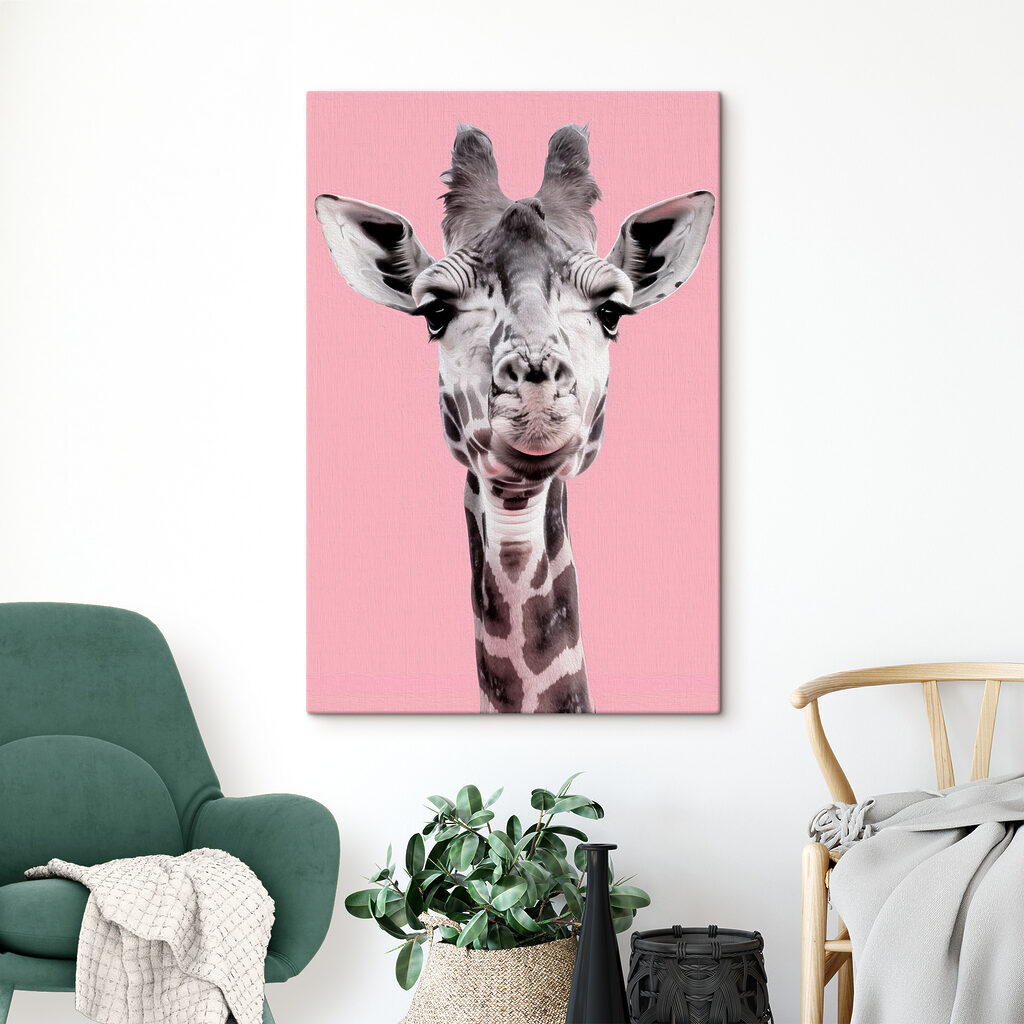 A giraffe with a pink background A giraffe with a pink background