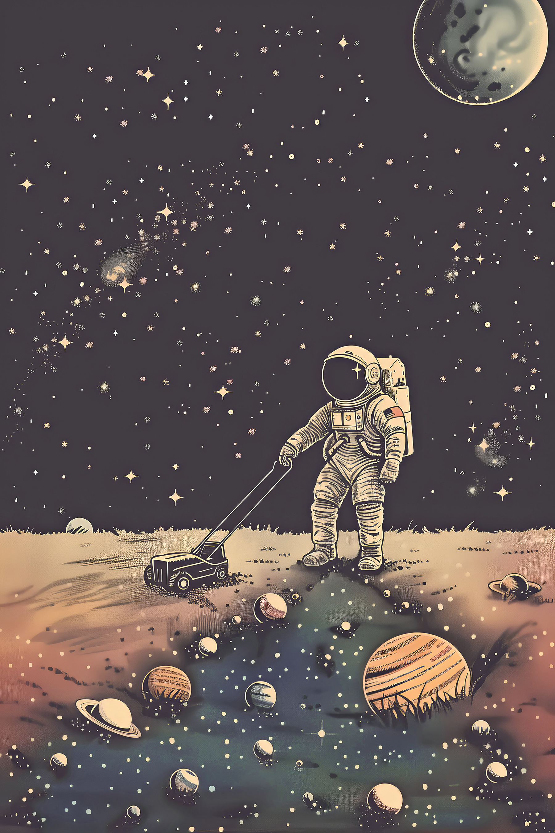 A astronaut pulling a lawnmower in space A astronaut pulling a lawnmower in space
