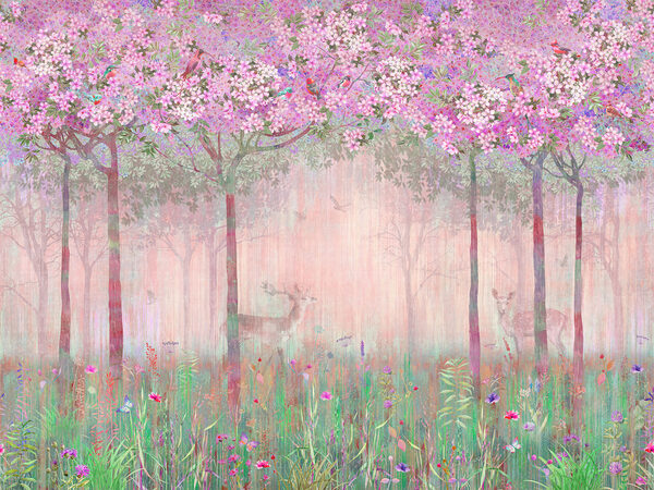Un dipinto di una foresta con fiori e alberi rosa Un dipinto di una foresta con fiori e alberi rosa