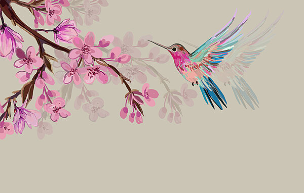 Un uccello che vola accanto a un ramo di fiori Un uccello che vola accanto a un ramo di fiori