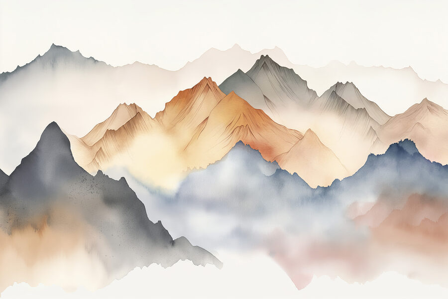 Un dipinto di montagne nella nebbia