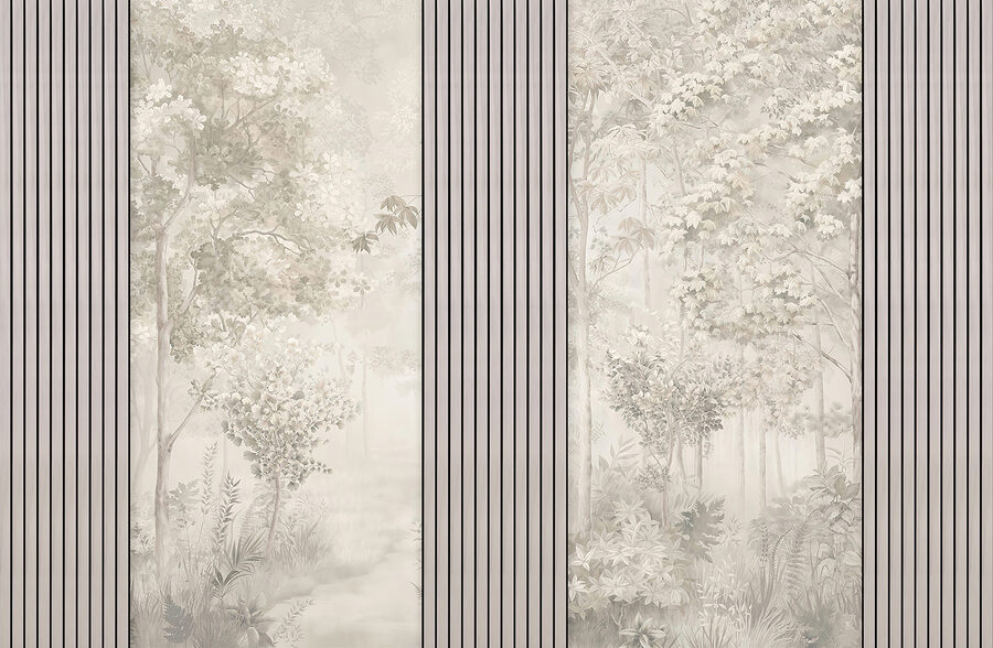 Una carta da parati con alberi e fiori