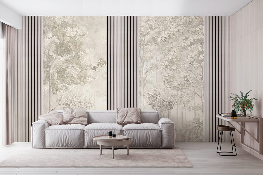 Una carta da parati con alberi e fiori