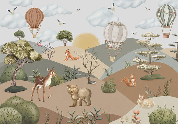 Un paesaggio con animali e mongolfiere Un paesaggio con animali e mongolfiere