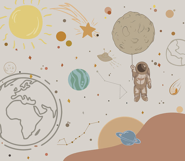 Vignetta di un astronauta che tiene in mano un pianeta nello spazio Vignetta di un astronauta che tiene in mano un pianeta nello spazio