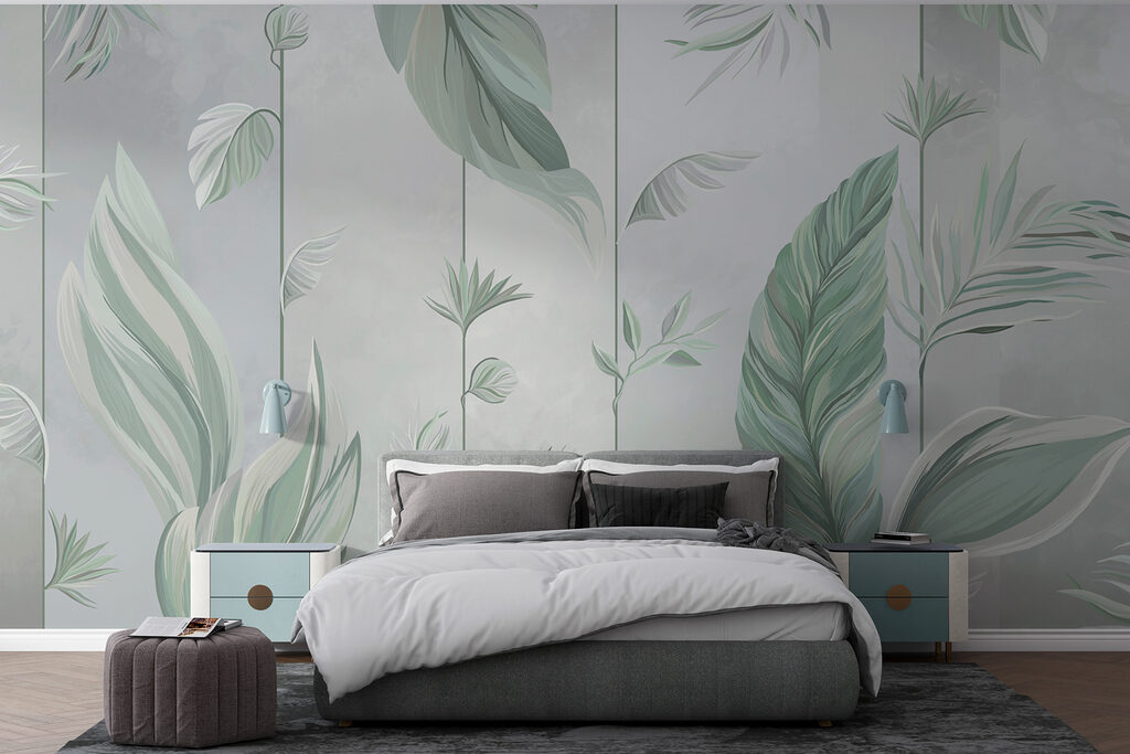 A wallpaper with leaves and flowers A wallpaper with leaves and flowers