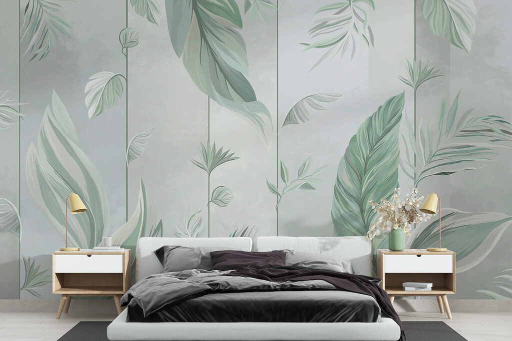 A wallpaper with leaves and flowers A wallpaper with leaves and flowers