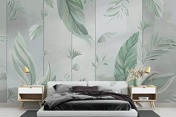 A wallpaper with leaves and flowers A wallpaper with leaves and flowers
