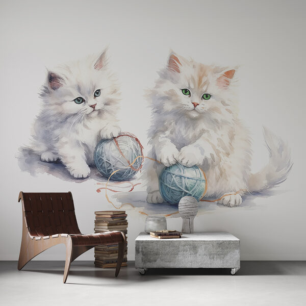 Acquerello di due gattini che giocano con il filato Acquerello di due gattini che giocano con il filato