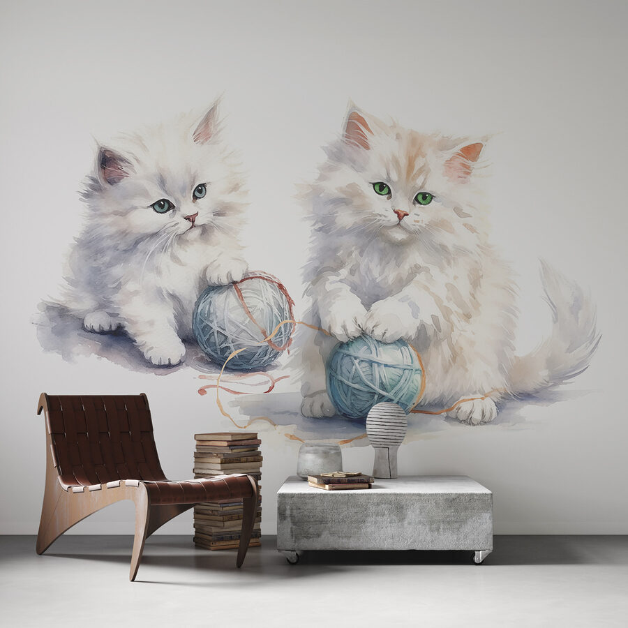 Acquerello di due gattini che giocano con il filato