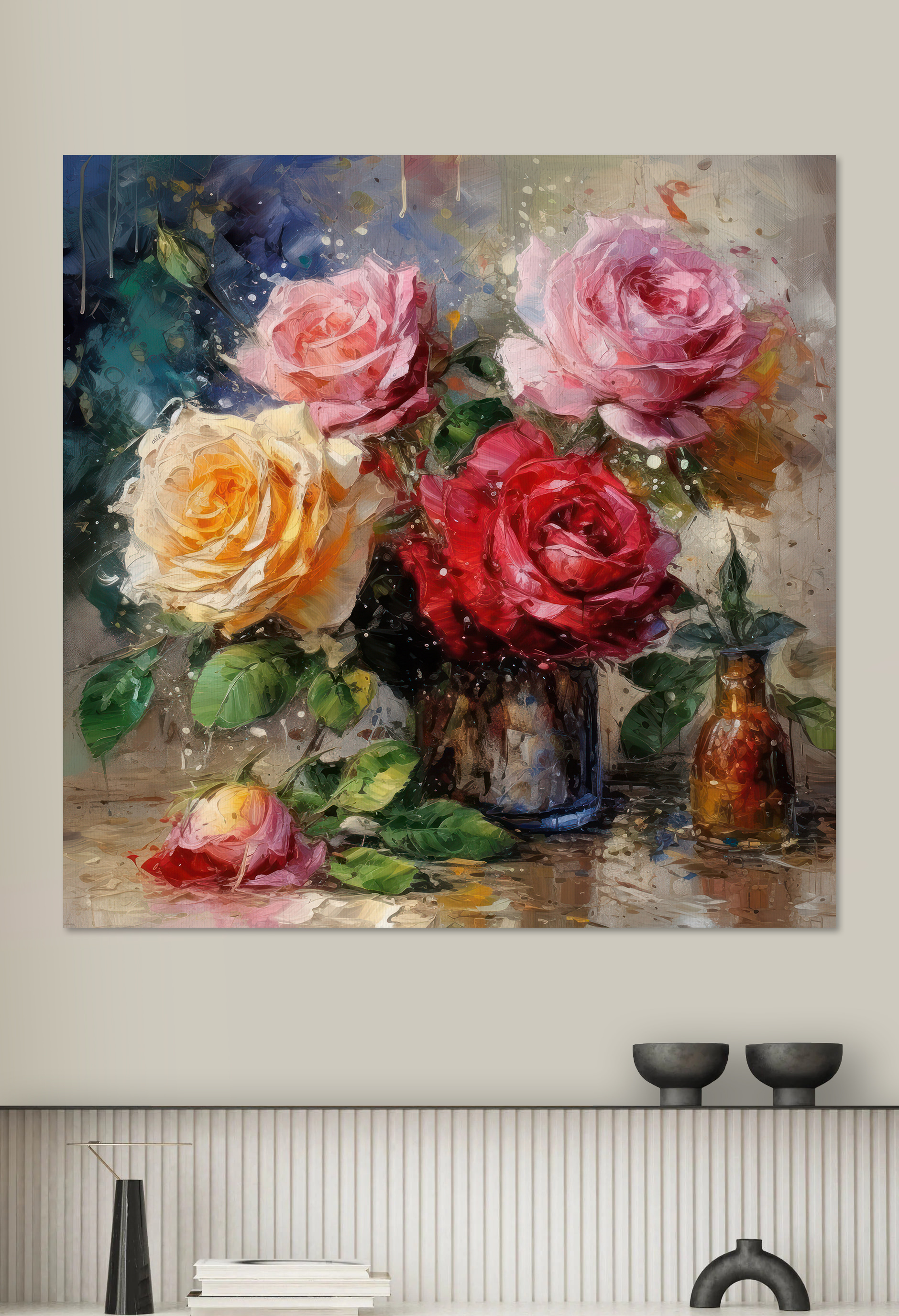 A painting of flowers in a vase