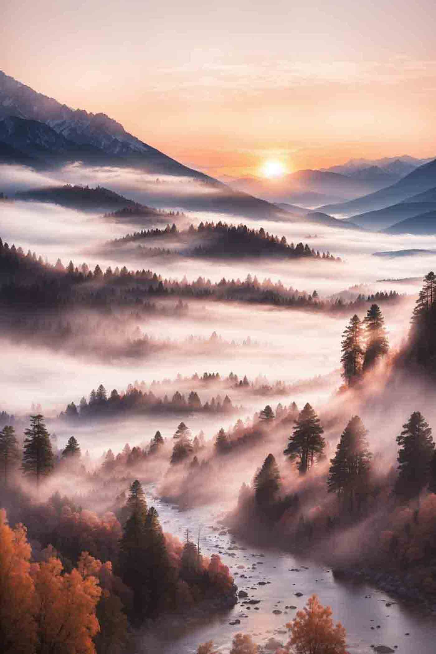 A valley with trees and fog