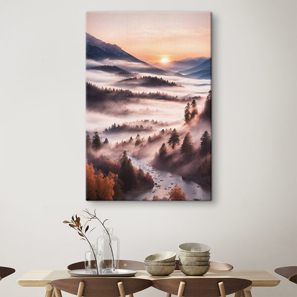 A valley with trees and fog