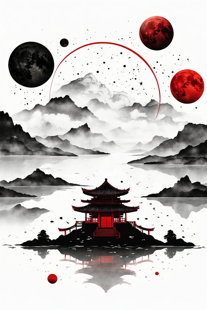 A pagoda on a lake with mountains and moon