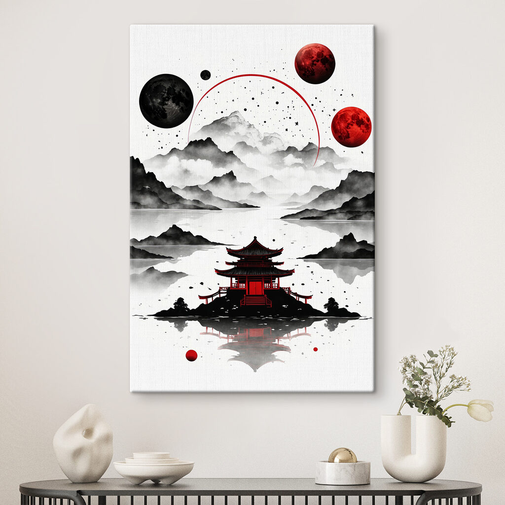 A pagoda on a lake with mountains and moon