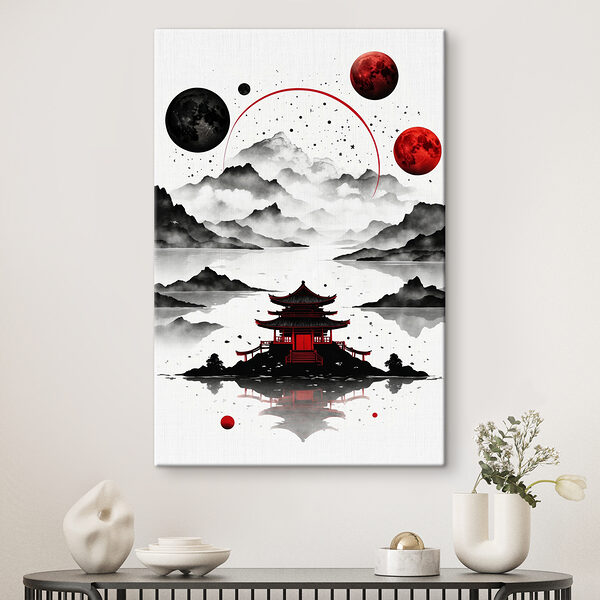 Quadri Una pagoda su un lago, con le montagne e la luna