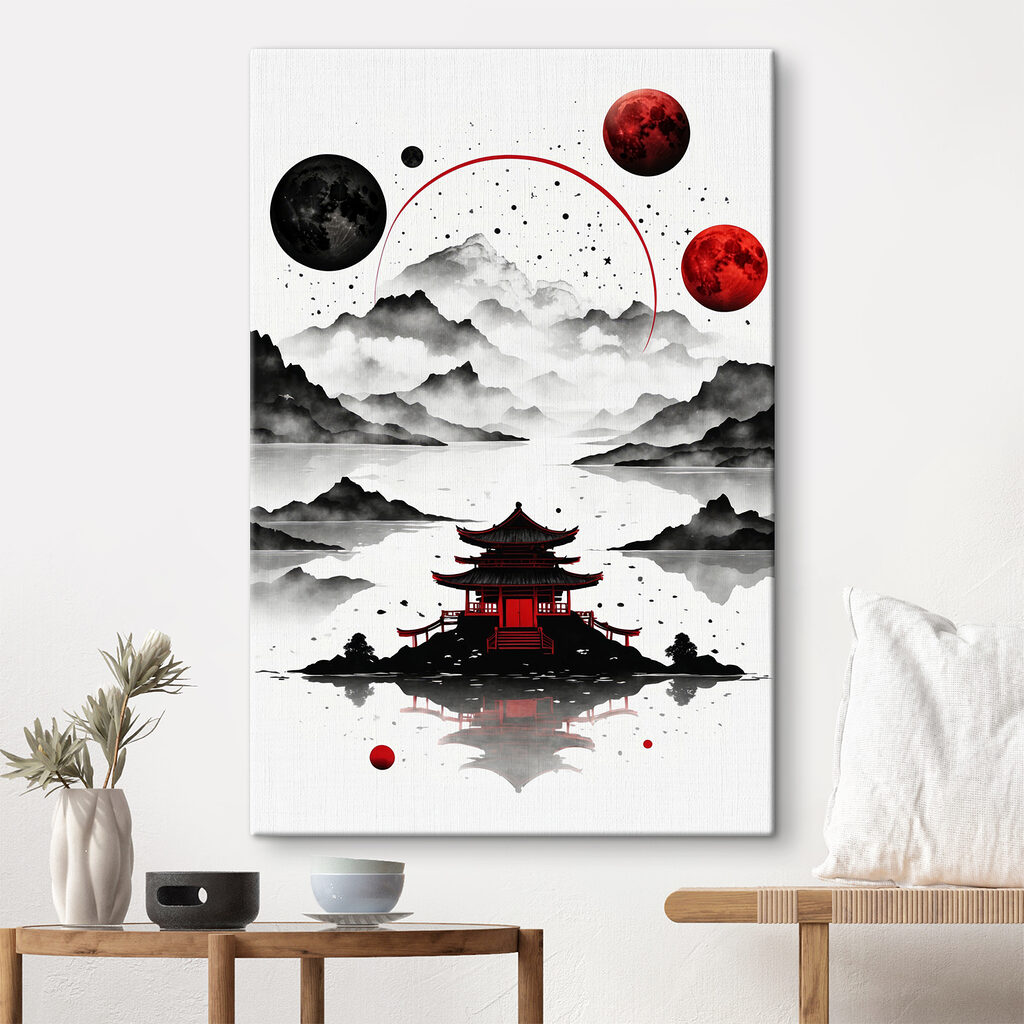 A pagoda on a lake with mountains and moon