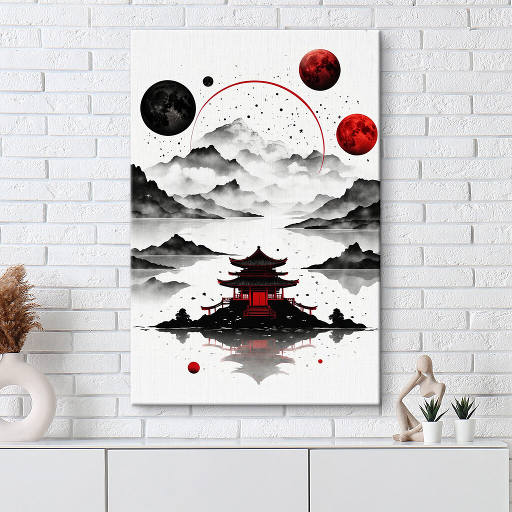 A pagoda on a lake with mountains and moon