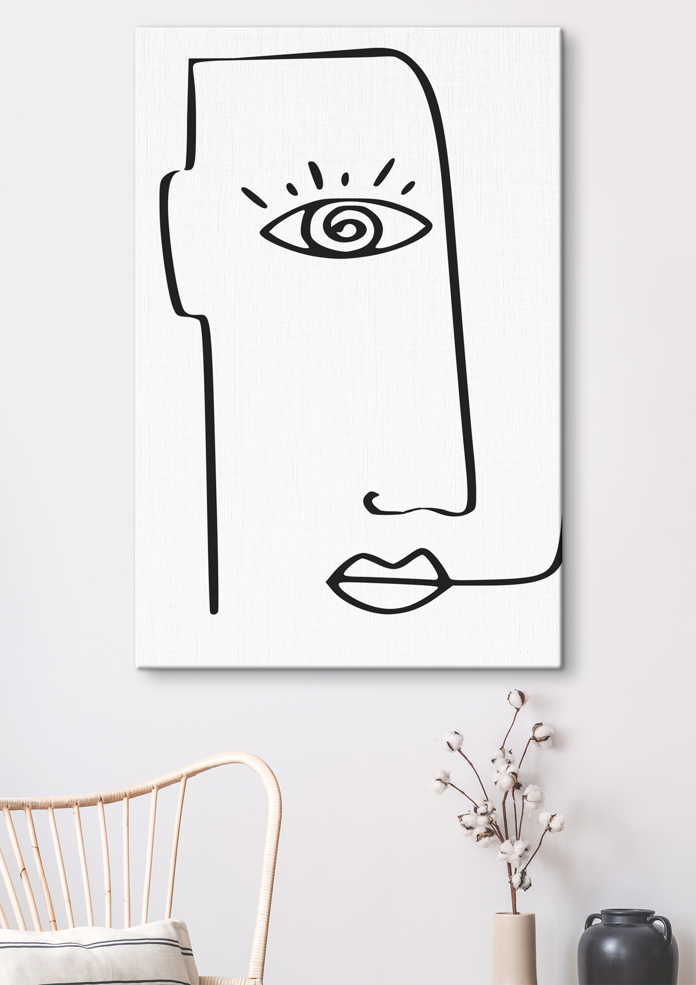A black and white drawing of a face with eye and nose
