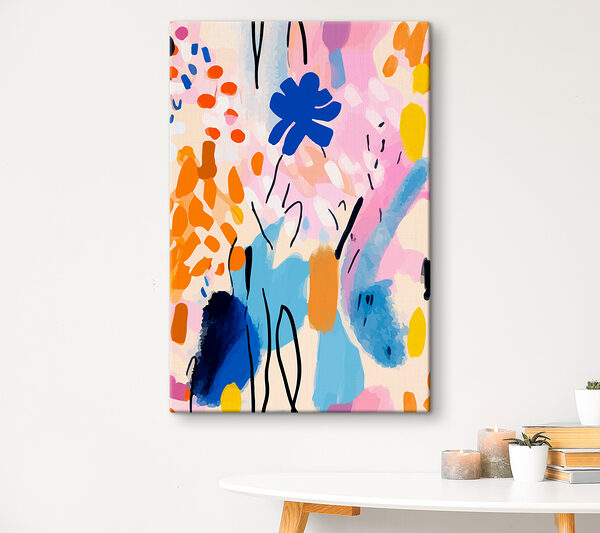 Quadri Un dipinto dai colori vivaci raffigurante fiori e foglie
