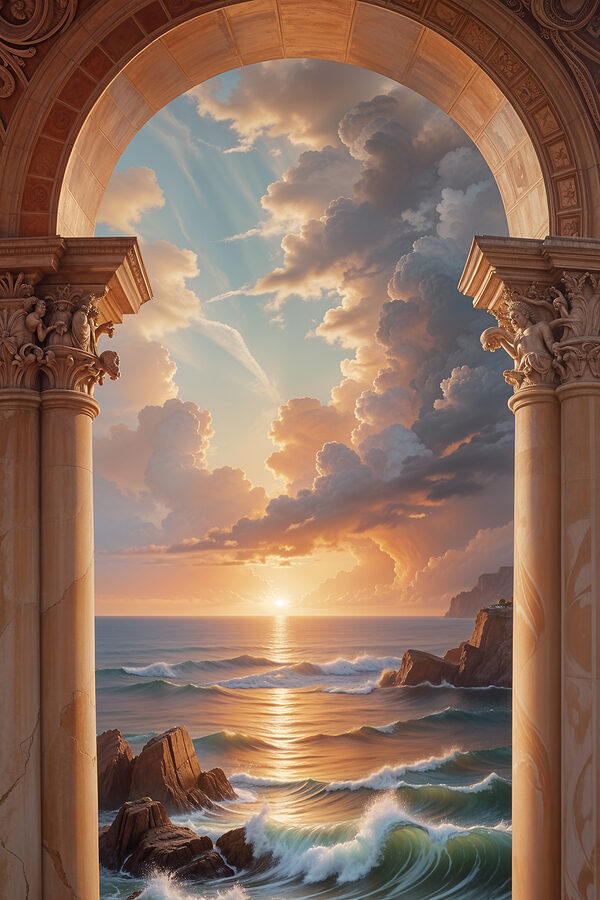 A view of the ocean from a stone archway