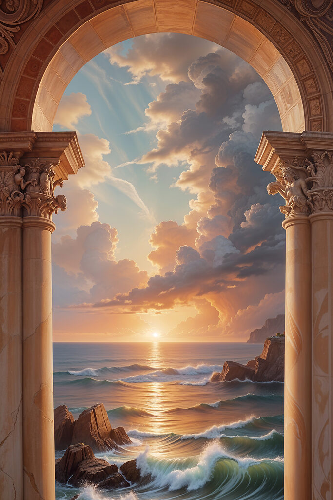 A view of the ocean from a stone archway