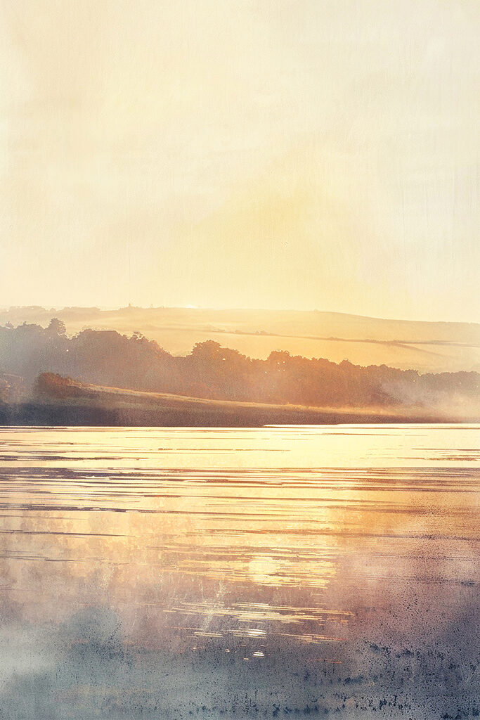 A body of water with trees in the background