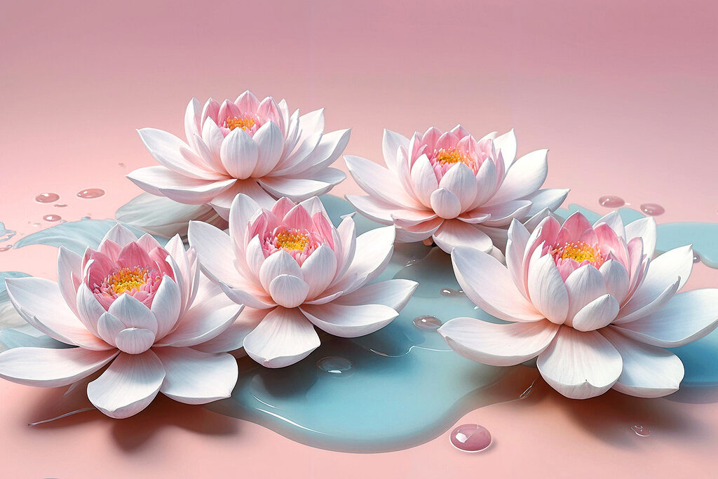 A group of pink flowers floating on water
