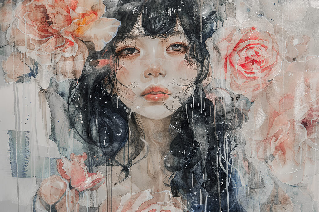 A painting of a woman with flowers A painting of a woman with flowers