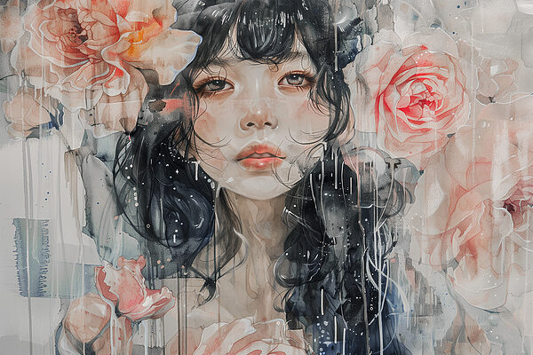 A painting of a woman with flowers A painting of a woman with flowers