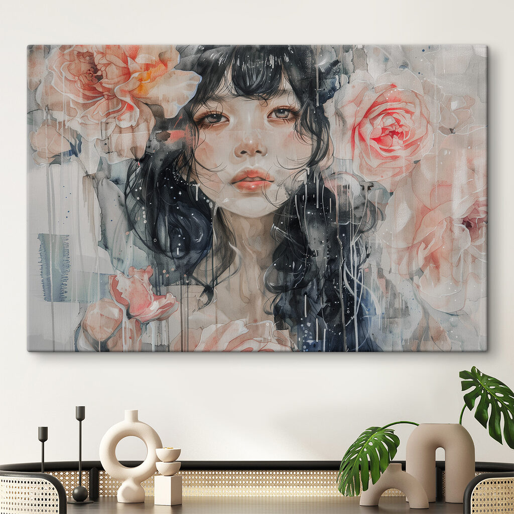 A painting of a woman with flowers A painting of a woman with flowers