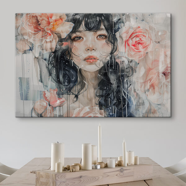 A painting of a woman with flowers A painting of a woman with flowers