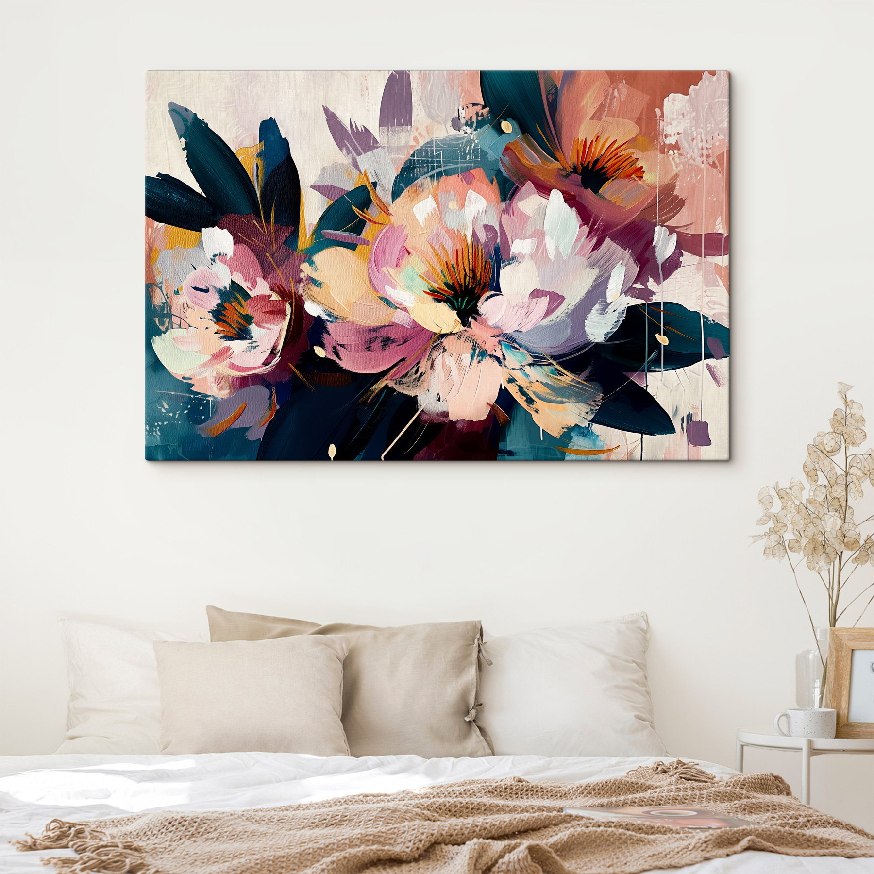 A painting of flowers and leaves